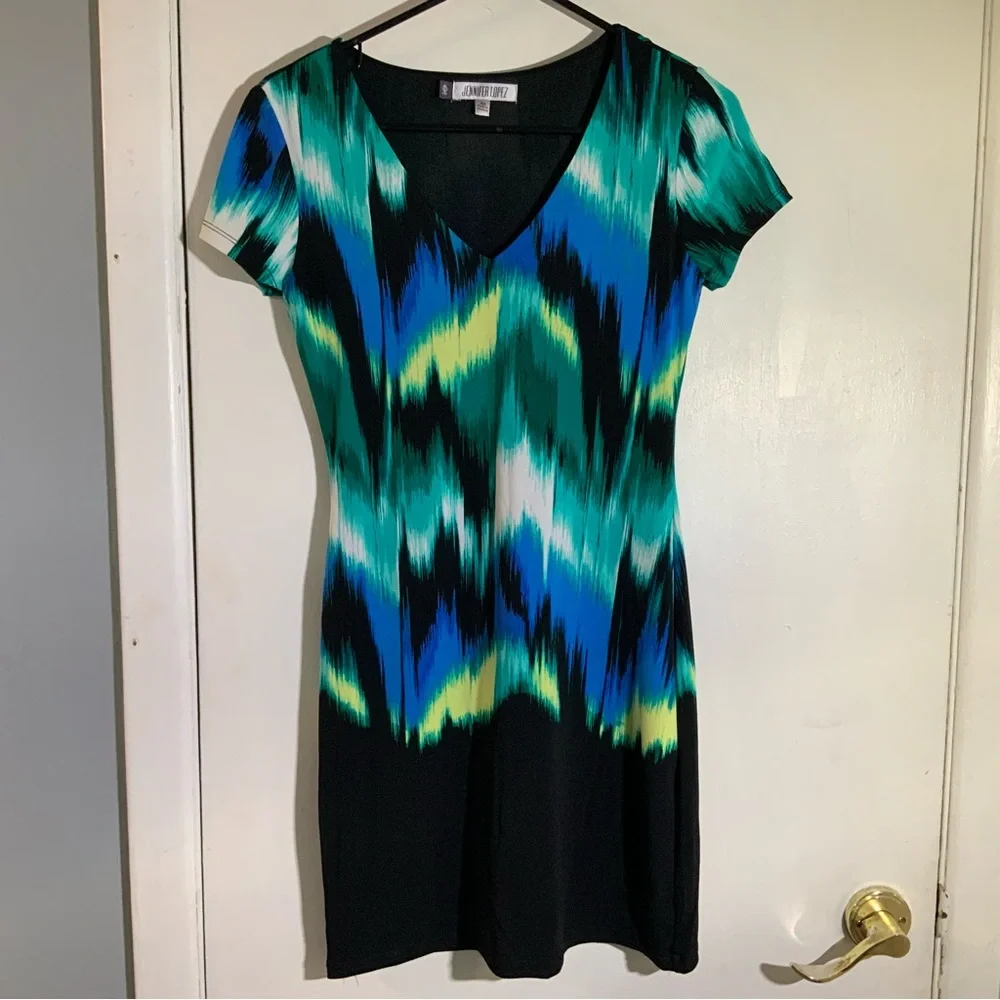 J-Lo Zig Zag Colorful Bodycon Cap Sleeve Mini Dress SZ XS - Picture 7 of 11